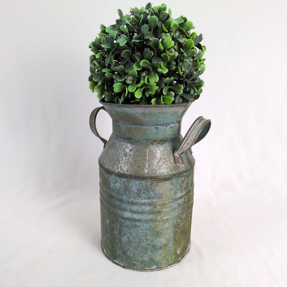Rustic Farmhouse 8" Galvanized Tin Milk Jug Vase Canister Can with Greenery Ball - Picture 1 of 5